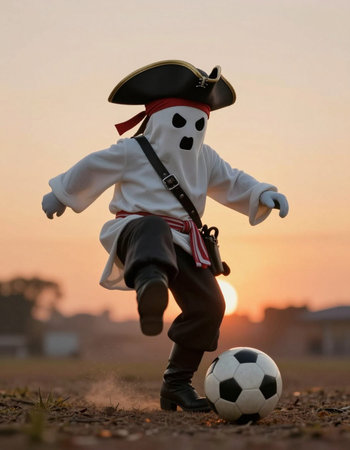 Little boy dressed as a pirate playing with a soccer ball at sunset