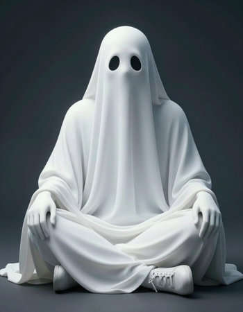 White ghost sitting on the floor, isolated on gray background. 3d illustration.
