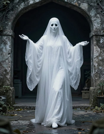 Ghost in the cemetery. Halloween concept. Scary ghost in the cemetery.