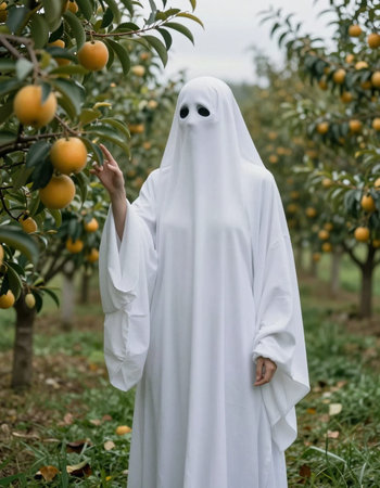 Young woman in white costume standing among the orange trees.