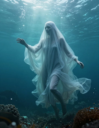 Young woman in a white veil in the ocean. Underwater photography