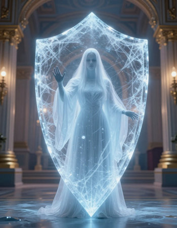 3d rendering of a white angel with a crystal shield in the background