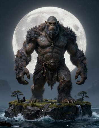 Zombie on the island with full moon. 3D rendering.