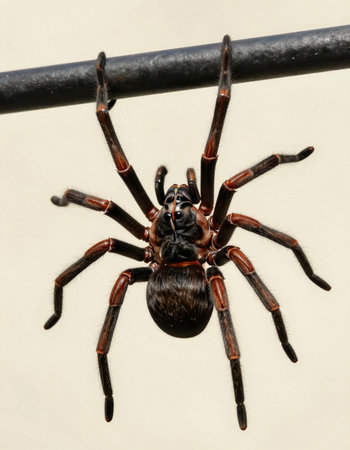 A close up of a tarantula spider on a metal pole.