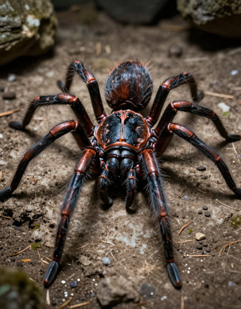Tarantula spider close up on the ground in the forest.