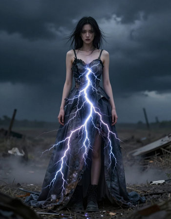 Beautiful girl in a long black dress with a lightning strike in the background
