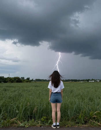 Young woman standing in the middle of a wheat field with a lightning strike