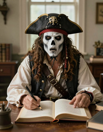 Pirate sitting at a table and writing in a book with a skull makeup