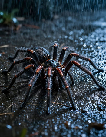 Tarantula spider in the rain. Close-up view.