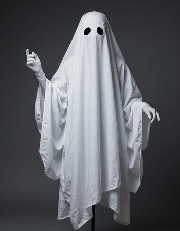 White ghost in halloween costume, isolated on gray background.