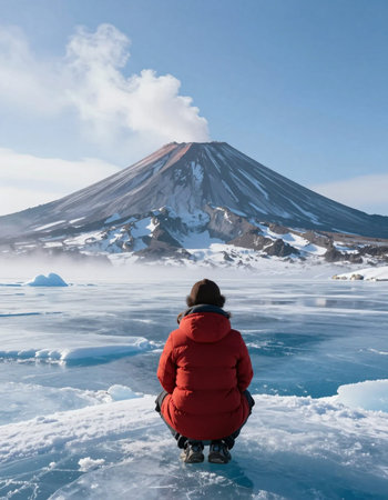 Woman in red jacket sitting on the ice of Lake Baikal