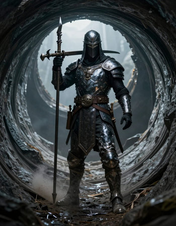 Medieval knight in armor stands in the dark tunnel. Fantasy medieval period.