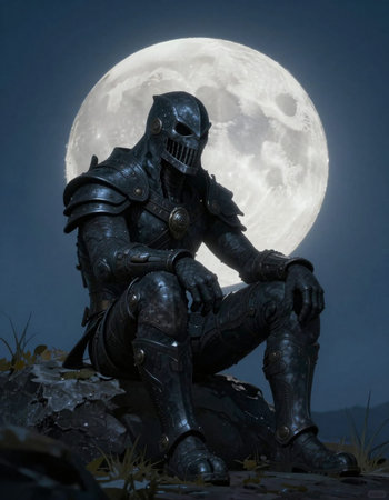 Knight in armor sitting on the ground with full moon in the background