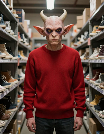 A person in a red sweater on the shelves of a shoe store