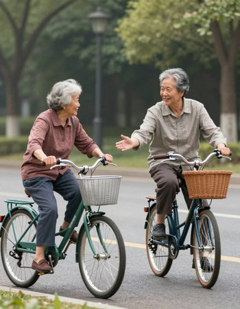 asian senior couple riding bicycle in the park on the road.