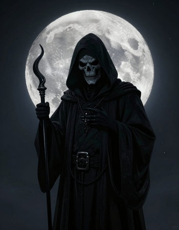 Scary grim reaper with a scythe in front of the full moon
