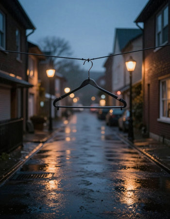 Empty clothes hanger in a rainy street