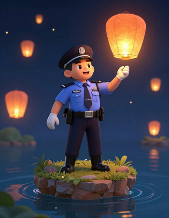 Policeman with lanterns floating in the air - 3D illustration