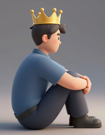 Cartoon character with crown sitting on the floor - 3D illustration