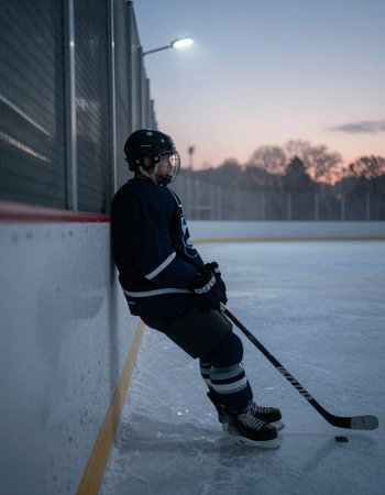 young ice hockey player portrait in action on training in sport arena indoors
