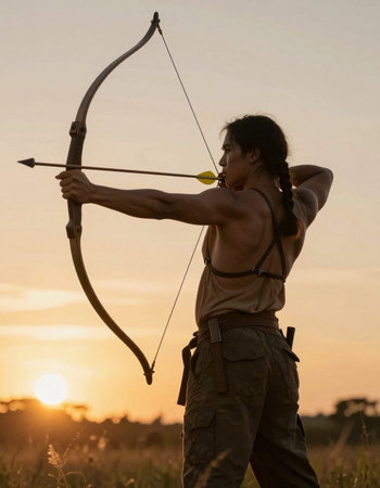 Archery archer with bow and arrow in the field at sunset