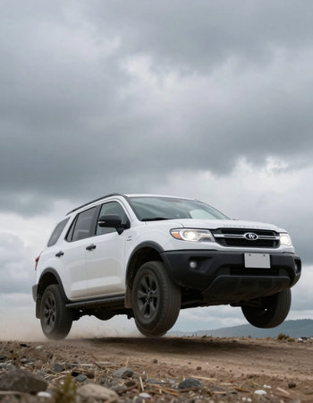 SUV on a rocky road in the mountains. Cloudy weather.