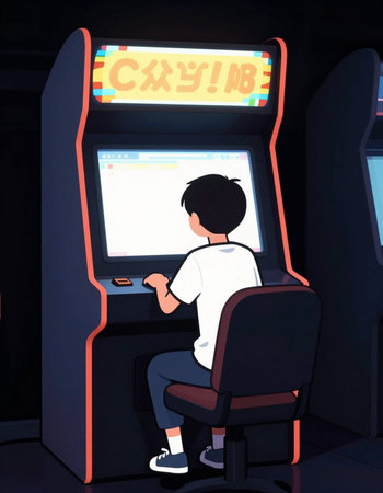 A boy playing video game in a arcade machine. Conceptual illustration.