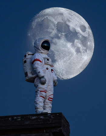 Astronaut on the roof of a building against the background of the moon