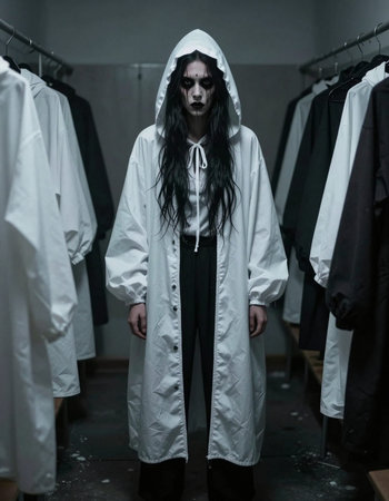 Portrait of a young man in a ghost costume standing in a hall