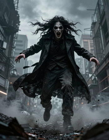 Scary zombie man with black hair flying in the air in a dark city
