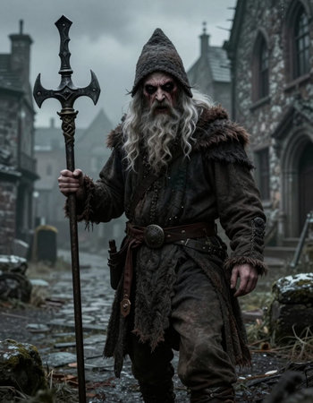 Old man with long grey beard and mustache in medieval costume with big axe