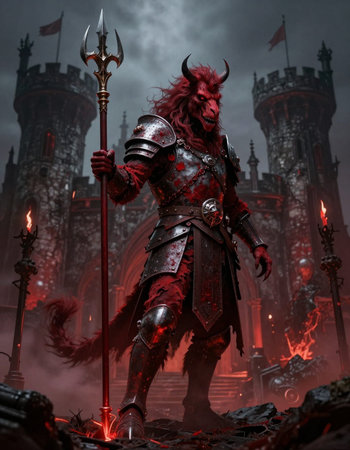 Fantasy scene with medieval knight in armor and horns on a dark background