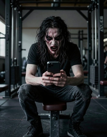 Scary zombie man using a mobile phone in a gym. Horror movie.