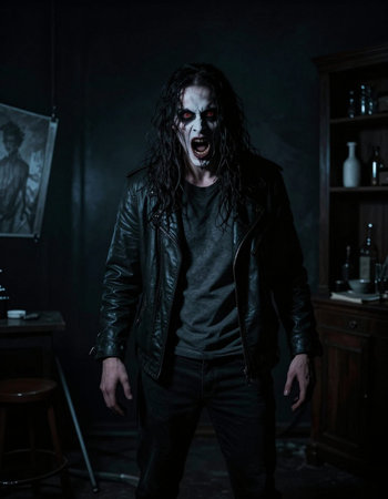 Scary zombie man in a leather jacket. Halloween. Horror.