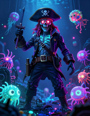 3D rendering of a pirate with a sword in his hands