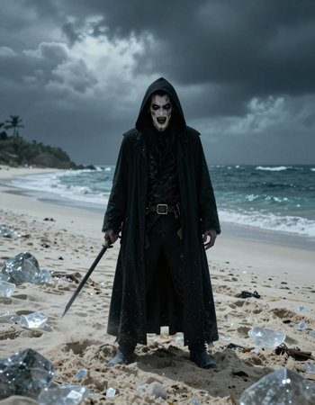 Man in death costume with sword on the beach. Halloween concept.