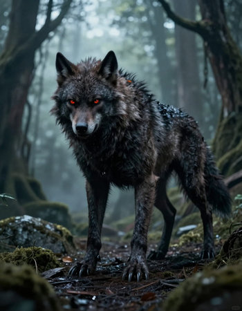 Black wolf in the forest. Wildlife scene from nature. Wolf in the forest.