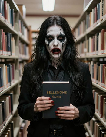 Scary woman in halloween costume reading a book in the library