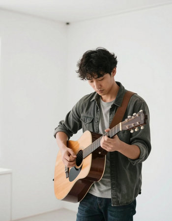 Young man playing acoustic guitar in the room