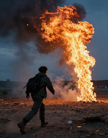A man in a gas mask and with a backpack on his back is standing in front of a large flame.