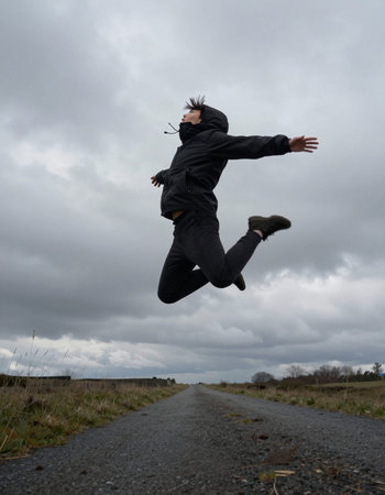 Young man jumping in the air on a country road with cloudy sky