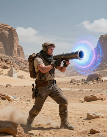A man in a desert setting, wearing a military-style uniform and carrying a large weapon, appears to...