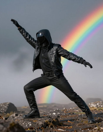 man in a black leather jacket with a motorcycle helmet on a background of a rainbow