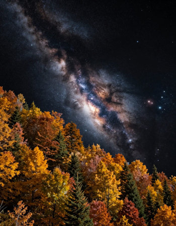 Milky Way over the autumn forest. Elements of this image furnished by NASA
