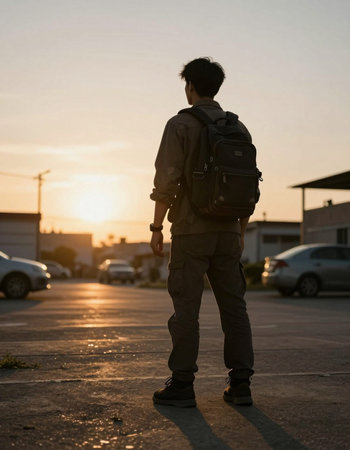 Back view of young man with backpack standing in a parking lot at sunset