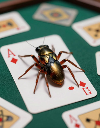 spider and playing cards on a green casino table. close-up