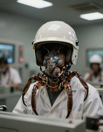 Handsome man in white lab coat and helmet looking at camera