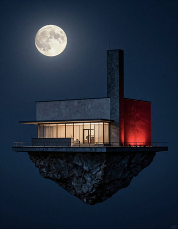 3d rendering of modern house on the island floating in the moonlight