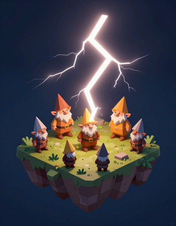 Three gnomes on the island with lightning. 3D illustration.