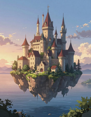 Fantasy landscape with a castle on the island in the lake.